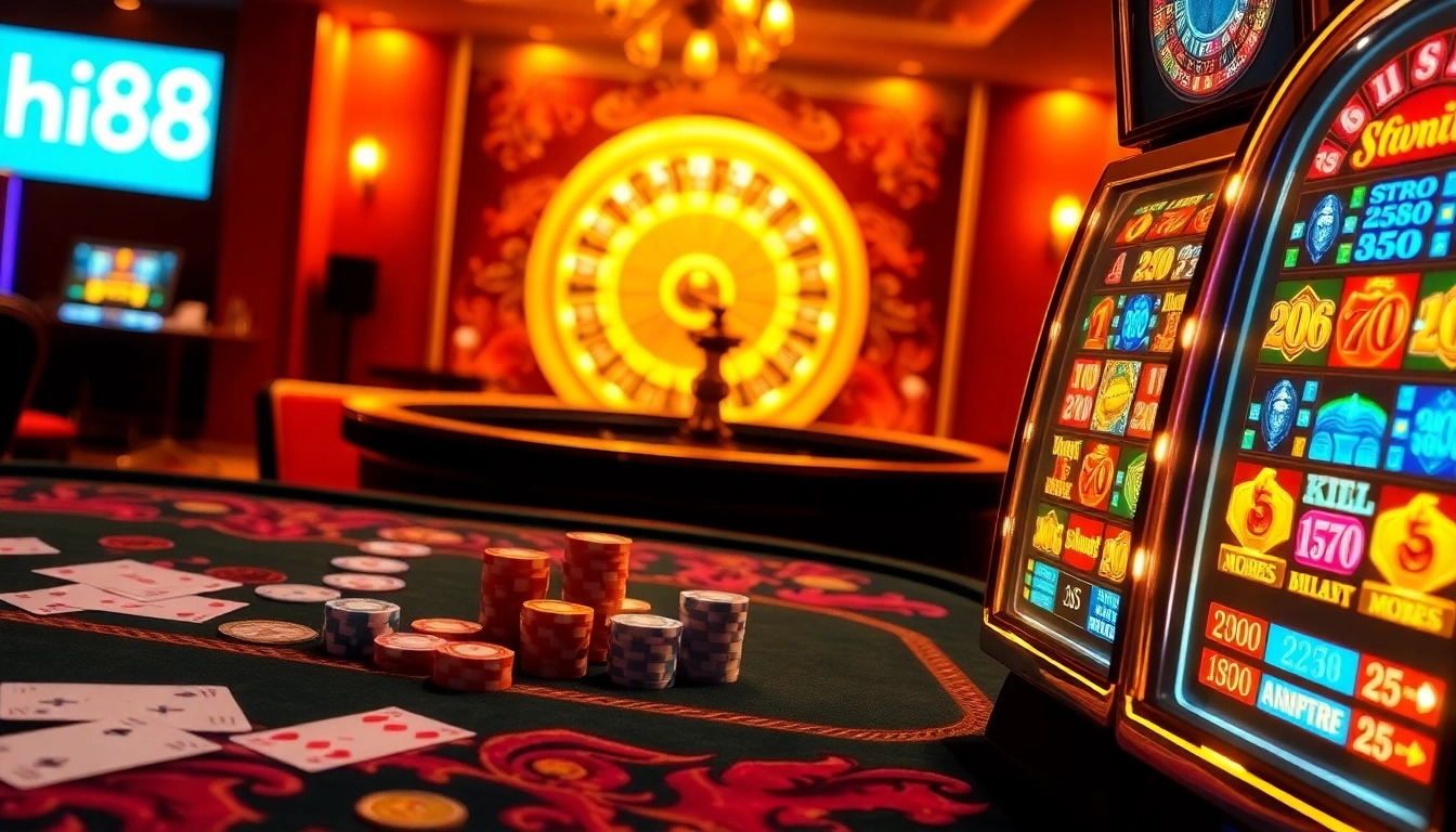 Engage in thrilling gameplay at Hi88 with vibrant tables, casino chips, and energetic atmosphere.