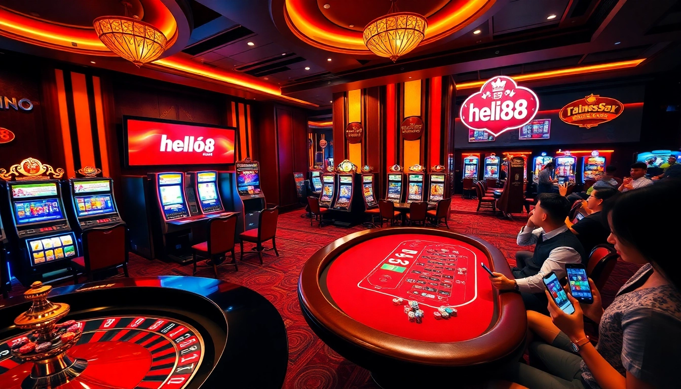 Hello88 online casino featuring a vibrant atmosphere with poker tables, slot machines, and engaging players.
