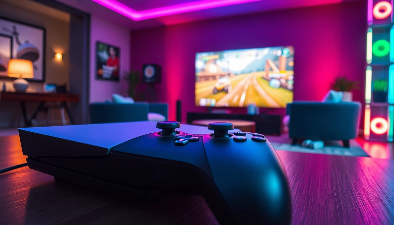 Higame destaca um console de jogos em um ambiente moderno e acolhedor, com iluminação vibrante.