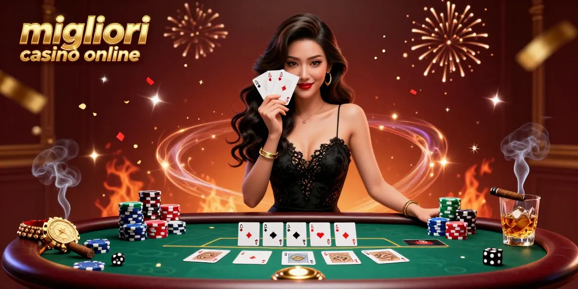 Vivi l'emozione nei migliori casinò online con una scena di casinò coinvolgente che presenta una donna glamour che tiene in mano delle carte da gioco.