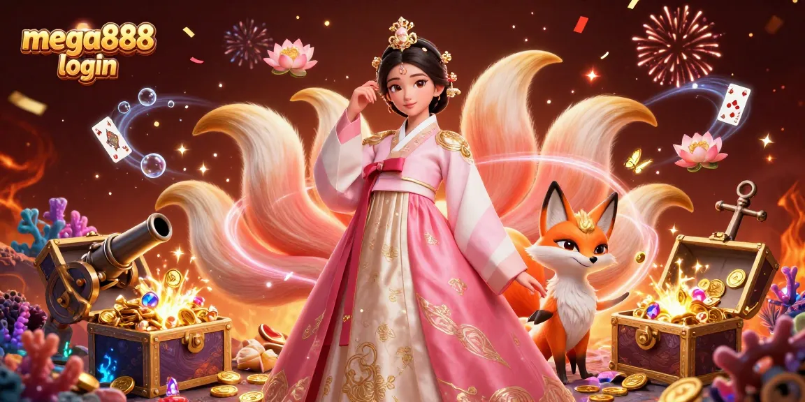 Engage with mega888 login through a vibrant illustration featuring a graceful Asian woman and a lucky fox amidst casino-themed elements.