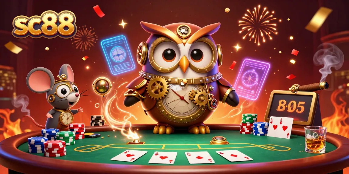 Engage in sc88 poker action with a vibrant casino scene featuring a time-traveler owl and rich game elements.