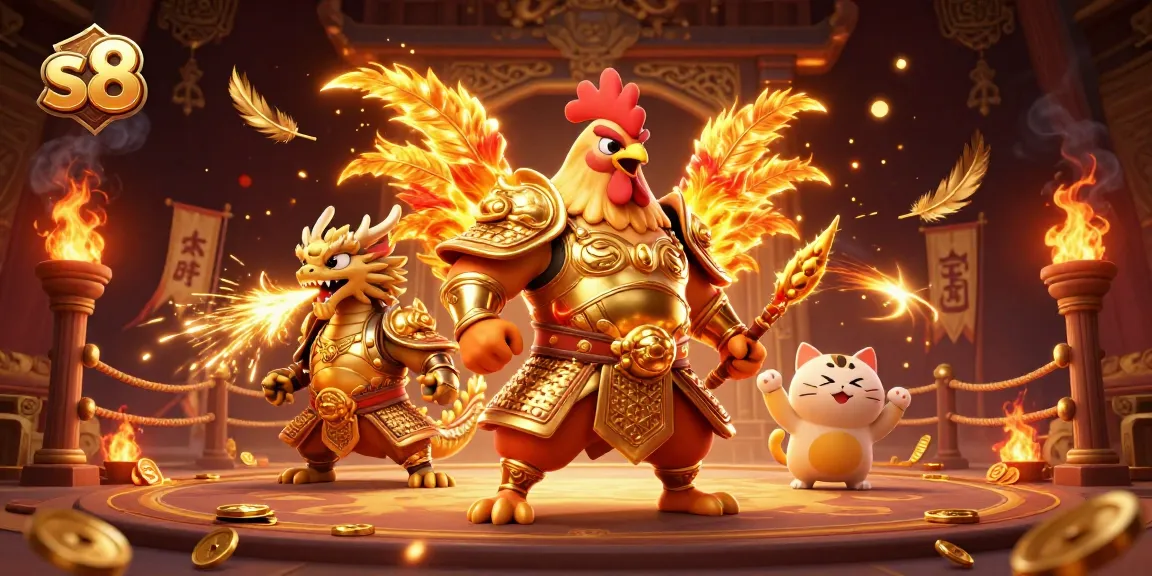 Experience excitement with s8, featuring a fighting rooster and dragon in a rich casino atmosphere.