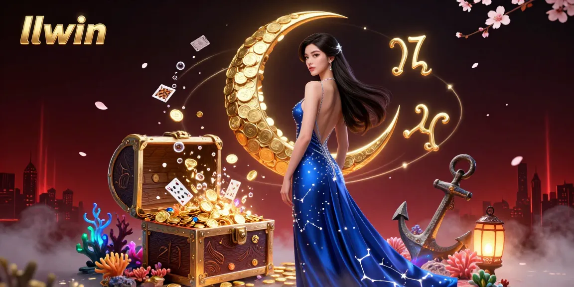 Experience the excitement at LLWIN with a glamorous Asian character surrounded by vibrant casino elements and gold coins.