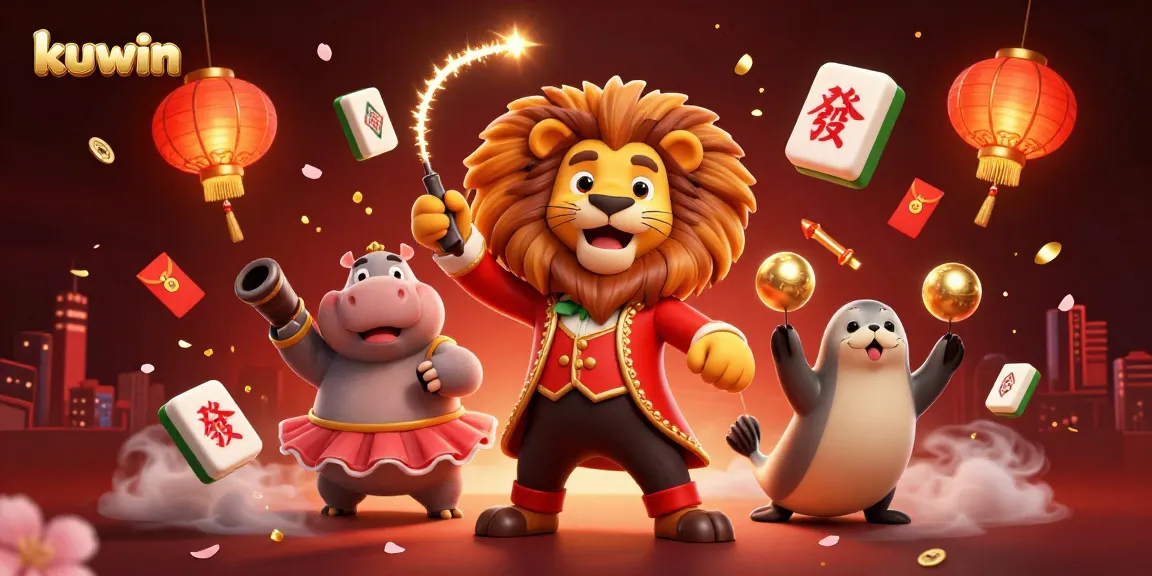Kuwin captivating scene featuring a ringmaster lion, hippo, and seal with vibrant gaming elements.