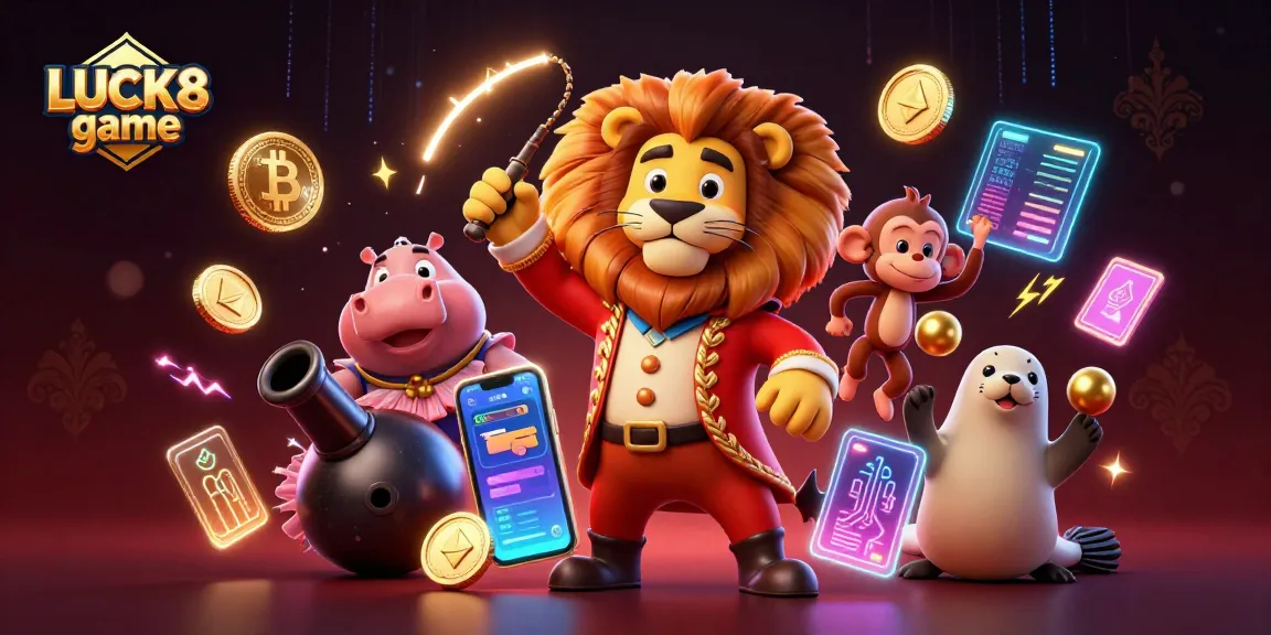 Experience thrilling LUCK8 game action with festive circus characters, glowing crypto coins, and vibrant casino elements.