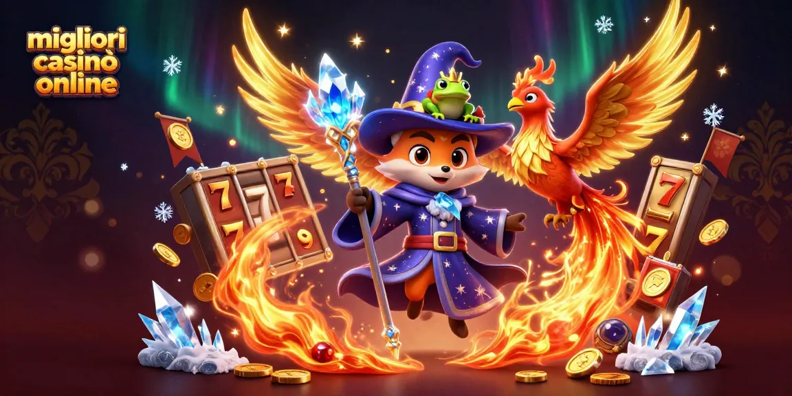 Migliori casinò online che mostrano una scena fantasy vivace con un mago, una fenice e elementi incantati intorno a rulli di slot che girano.