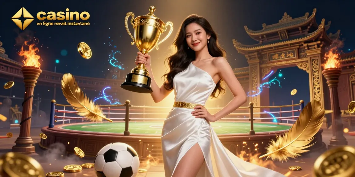 Vivez des retraits instantanés avec casino en ligne retrait instantané, mettant en vedette un magnifique trophée aux côtés d'éléments de jeu vibrants.