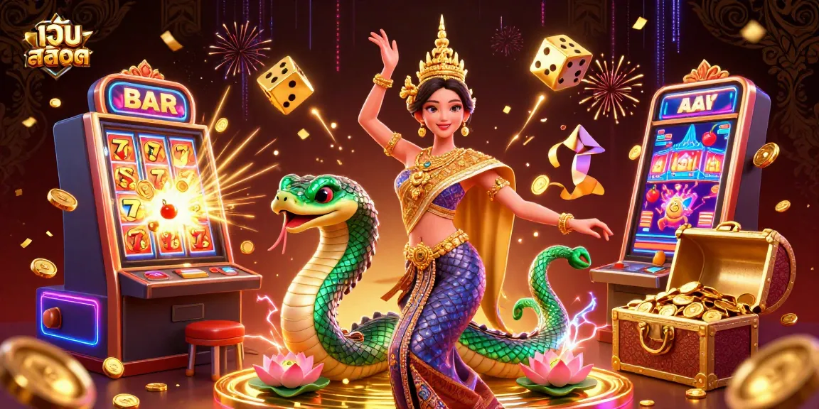 Experience thrilling เว็บสล็อต action with a graceful Thai dancer and a vibrant Naga serpent amidst jackpot excitement.