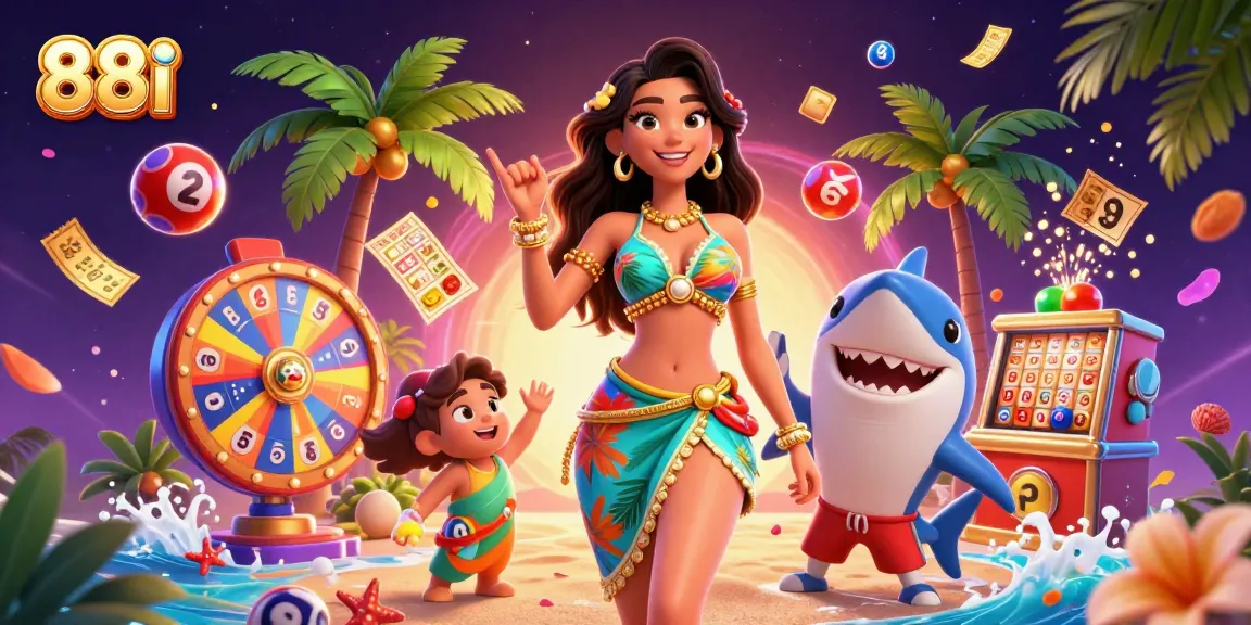 Experience thrilling wins at 88i with vibrant lottery elements and engaging characters in a tropical casino setting.