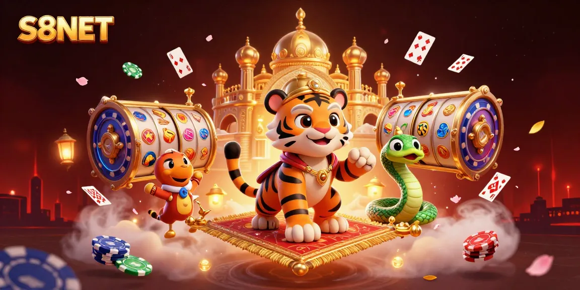 Spin the reels at S8NET's vivid casino paradise with a 3D Arabian themed tiger on golden chips.