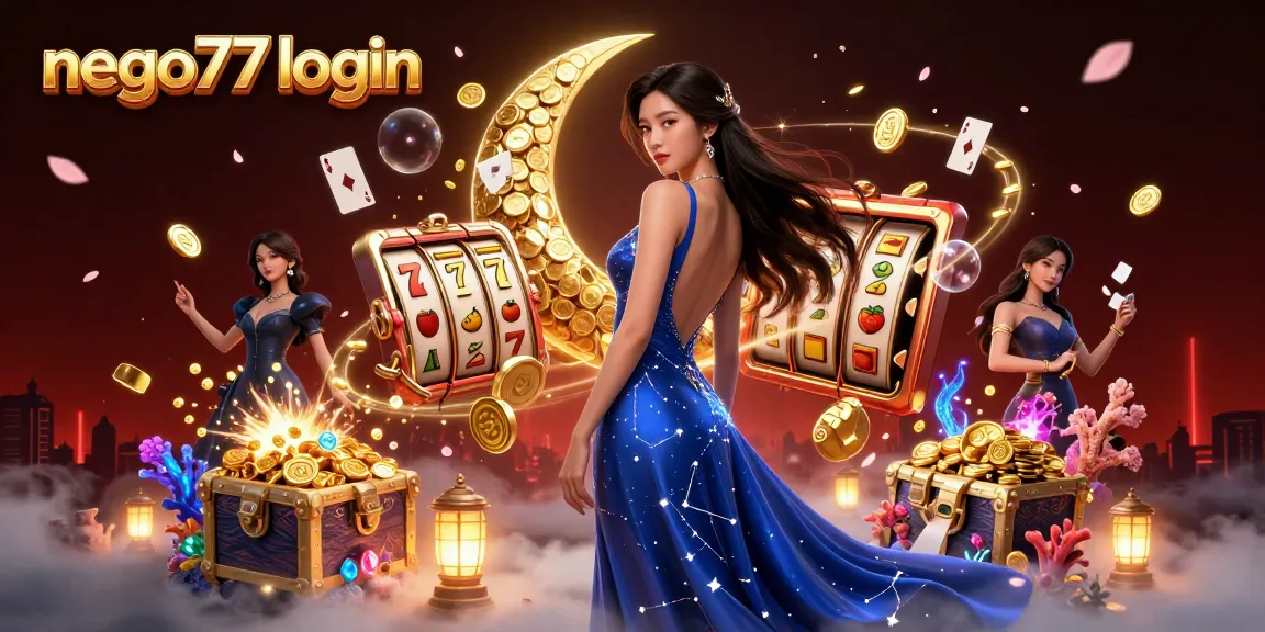 Engage with nego77 login at this vibrant online casino, featuring an elegant Asian woman amidst rich game elements.