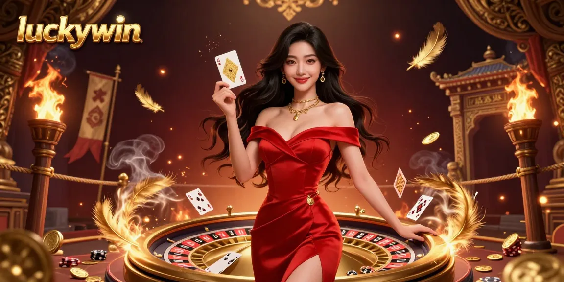 Experience excitement at luckywin with a stunning 3D illustration of a beautiful Asian dealer by the roulette wheel.