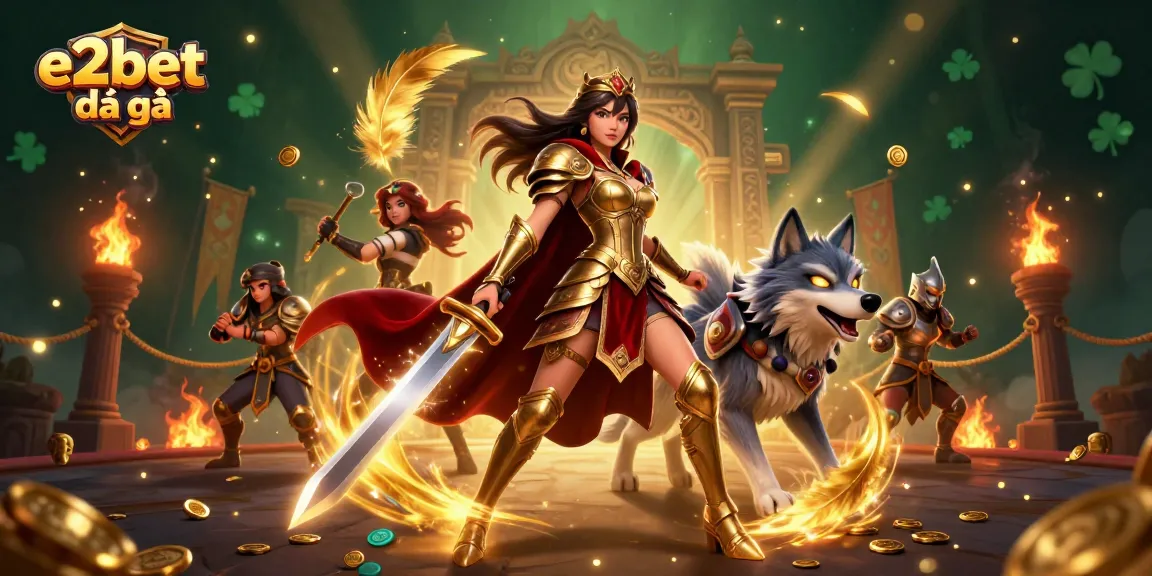 Bet on e2bet đá gà in a vibrant 3D fantasy fighting arena with glowing elements.