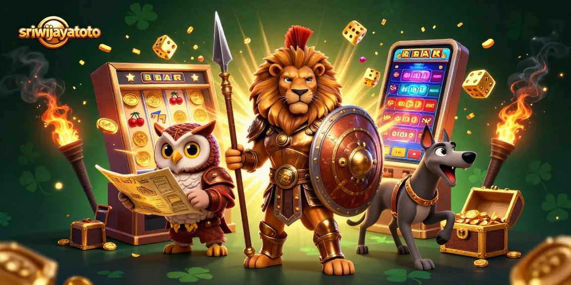 Sriwijayatoto's exciting casino adventure featuring a heroic lion, owl strategist, and dynamic gaming elements.