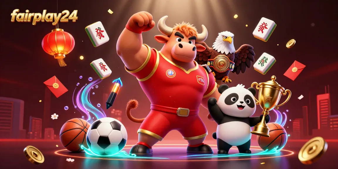 Engage in thrilling sports betting action with fairplay24, featuring vibrant characters, trophies, and festive elements.