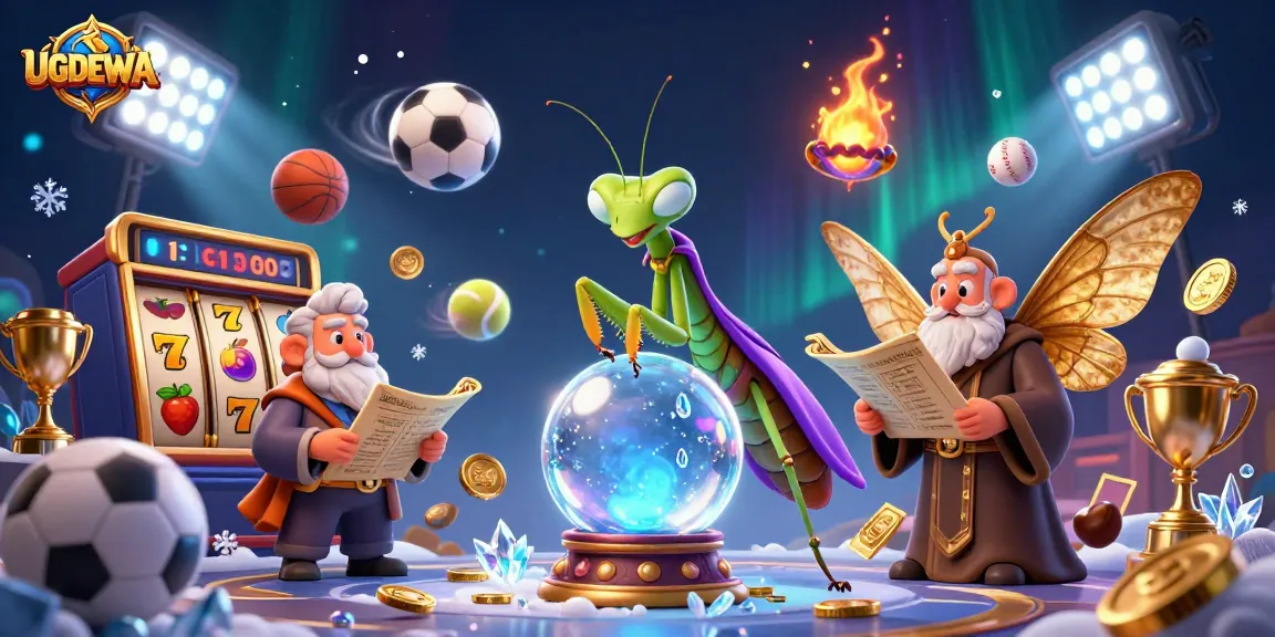 Bet on exciting slots with UGDEWA featuring vibrant casino symbols and mystical fortune tellers.