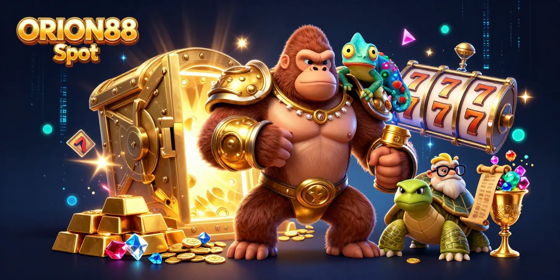 Experience thrilling gameplay with ORION88 Slot featuring dynamic characters and treasure-filled surroundings.