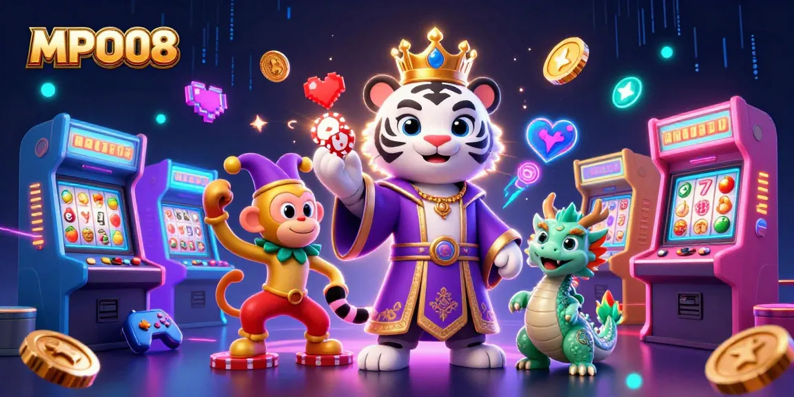 MPO08 guarantees thrilling wins with elegant characters and vibrant game elements in a whimsical casino scene.