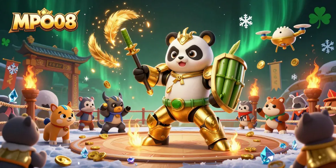 MPO08 showcases a dynamic scene with a golden panda in a mech-suit competing in an interactive online gaming arena.