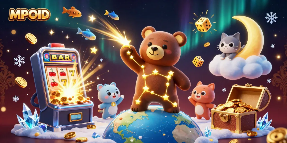 Experience big wins with MPOID as a constellation bear scoops coins from Earth in a vibrant casino scene.