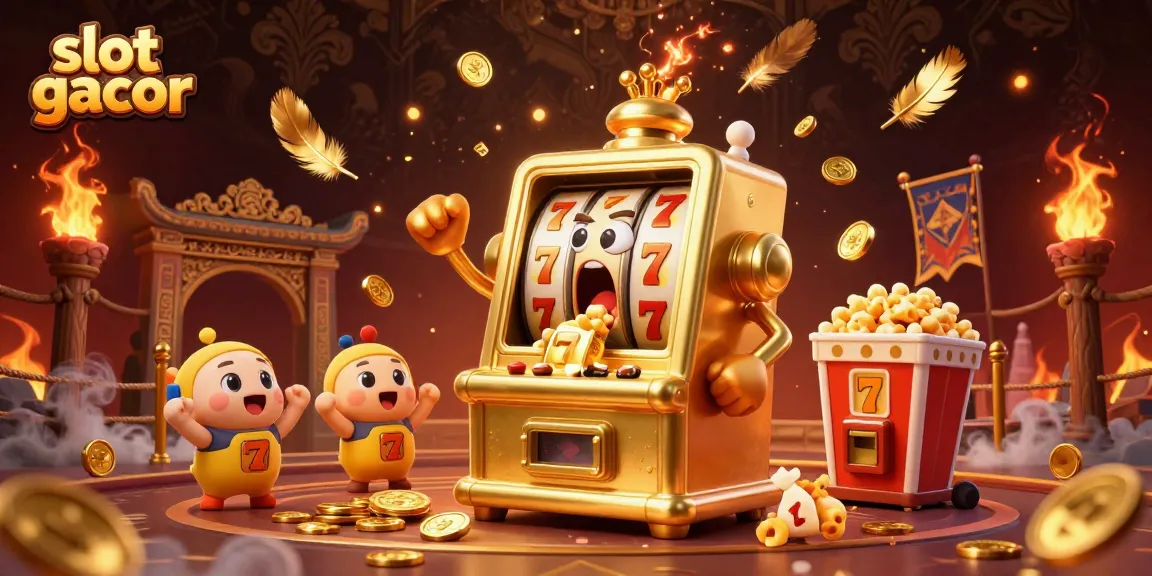 Experience slot gacor excitement with a vibrant 3D illustration of a golden slot machine celebrating a jackpot.