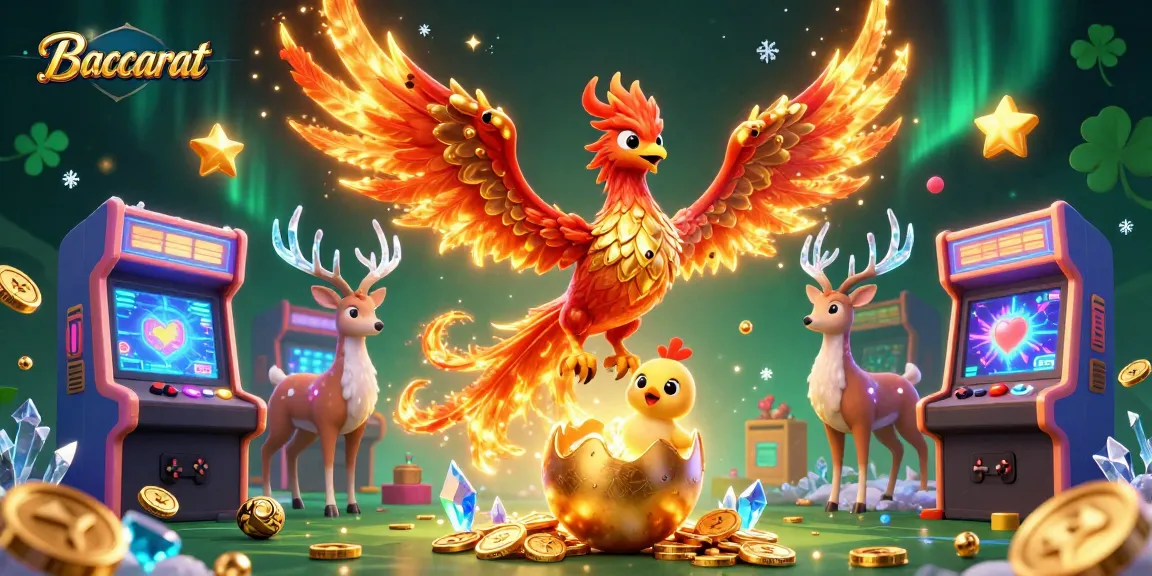 Baccarat game scene featuring a fiery phoenix, chick, and stag amidst colorful arcade game machines.