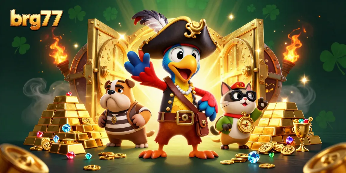 Engage with brg77's thrilling casino adventures and wins in this vibrant pirate-themed illustration.