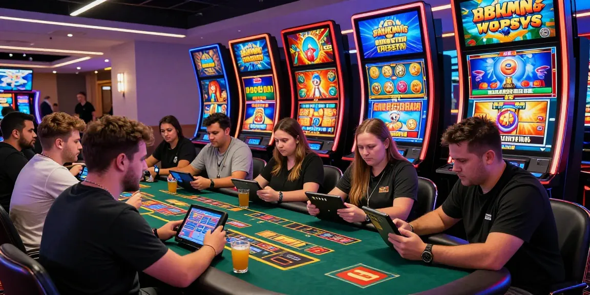 Diverse players enjoying bonus buy slots at a modern casino, showcasing vibrant screens and an exciting atmosphere.