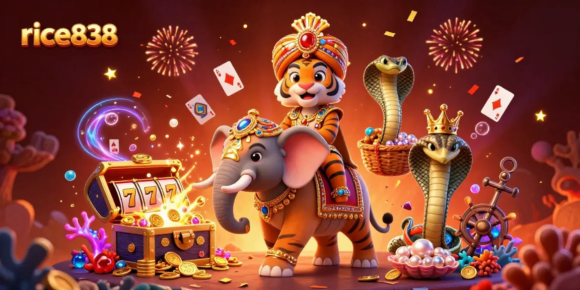 Play and win big at rice838 with colorful slot reels, treasure, and festive casino elements!