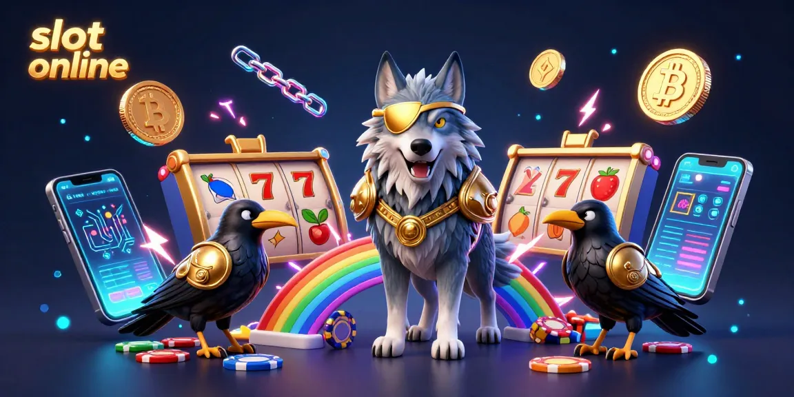 Engage with slot online excitement through this 3D illustration of a legendary wolf and ravens amidst vibrant casino visuals.