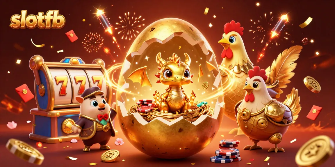 Slotfb menangkap keseruan permainan, dengan telur emas, naga, dan chip poker bersinar.