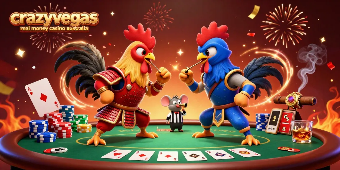Courageous roosters engage in showdown amid a lively poker scene at CrazyVegas real money casino Australia.