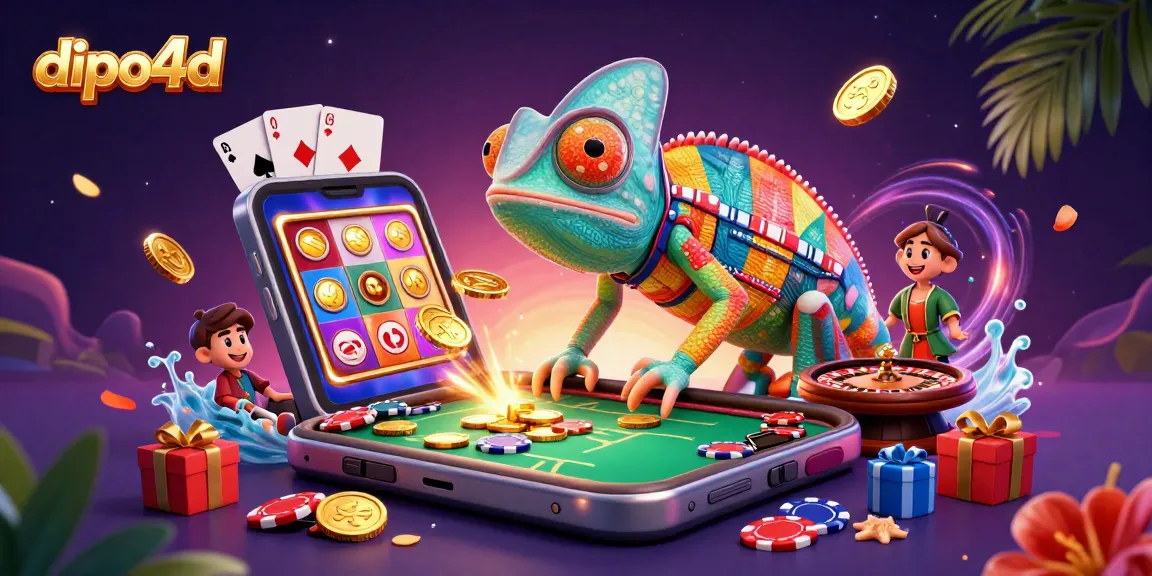 dipo4d menampilkan ilustrasi kasino 3D dengan pemilik kadal berwarna chip poker yang menangkap koin emas