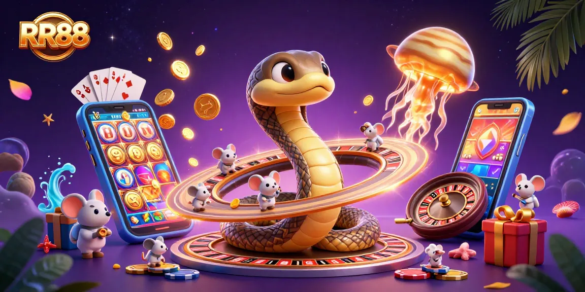 RR88 casino illustration with a cosmic dealer, astronaut mice betting on a roulette wheel made of Saturn rings.